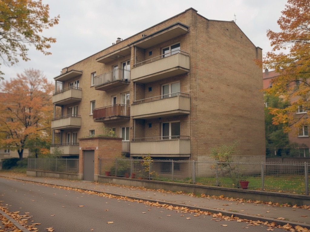 Régebbi téglaépület egy külső kerületi utcán ősszel