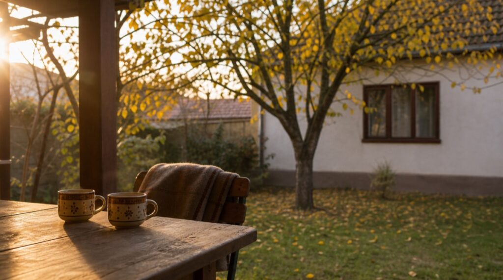Wekerle Plusz program: családi ház kertje ősszel, a teraszon két bögre